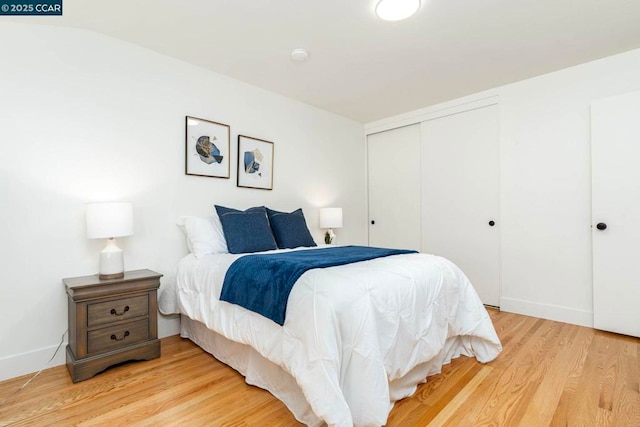 bedroom with wood-type flooring and a closet