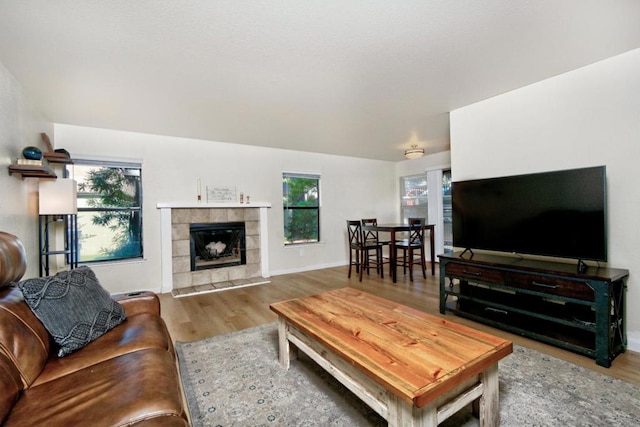 living room featuring a tile fireplace and wood-type flooring