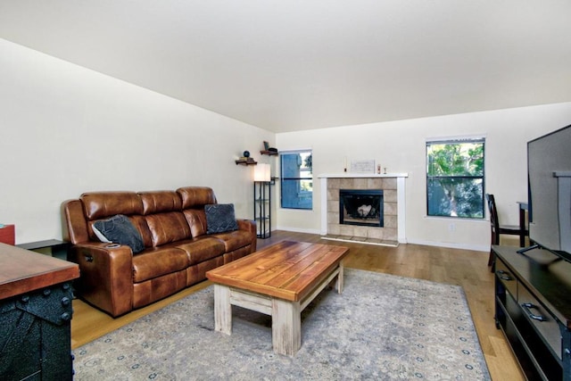 living room with a fireplace and light wood-type flooring