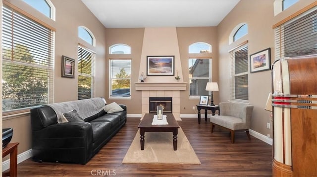 living room with a fireplace, dark hardwood / wood-style floors, and a high ceiling