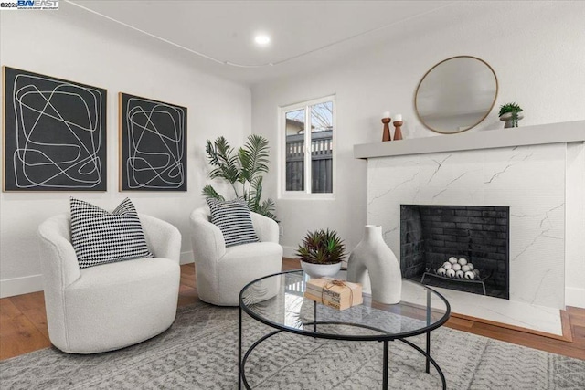 living room featuring a premium fireplace and hardwood / wood-style floors