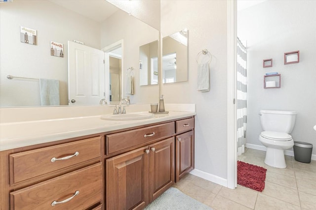 bathroom with ceiling fan, vanity, toilet, and tile patterned flooring