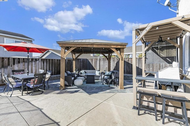 view of patio / terrace with a gazebo and outdoor lounge area