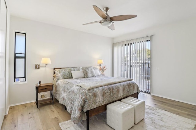 bedroom with ceiling fan, access to outside, and light hardwood / wood-style floors