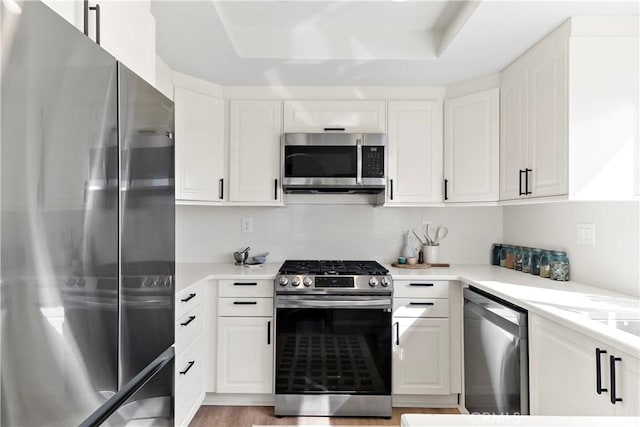 kitchen featuring white cabinetry, appliances with stainless steel finishes, and a raised ceiling