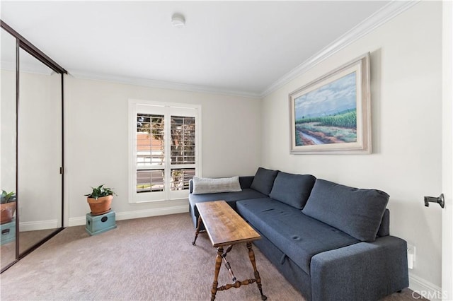 carpeted living room featuring ornamental molding