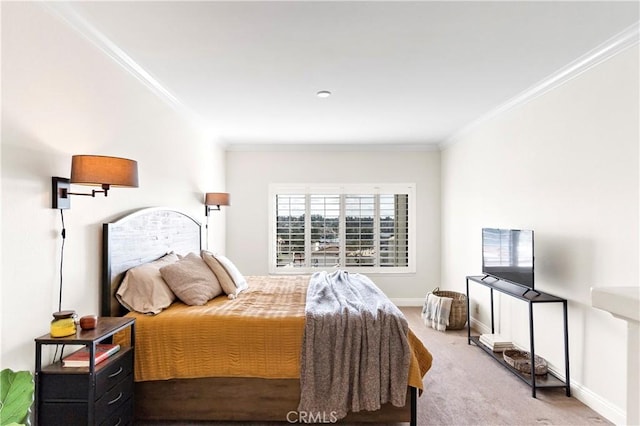 bedroom featuring ornamental molding and light carpet