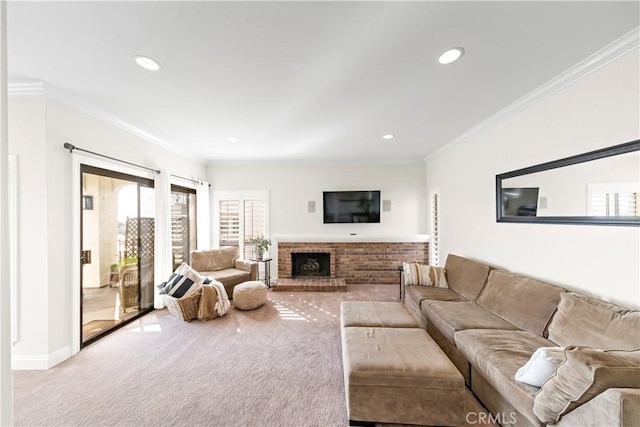 living room with light carpet, crown molding, and a fireplace