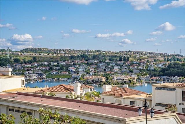 drone / aerial view featuring a water view