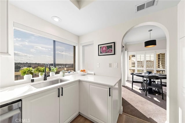 kitchen with sink, dishwasher, white cabinetry, hanging light fixtures, and plenty of natural light