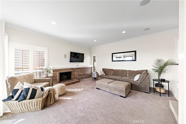 carpeted living room featuring a fireplace and ornamental molding