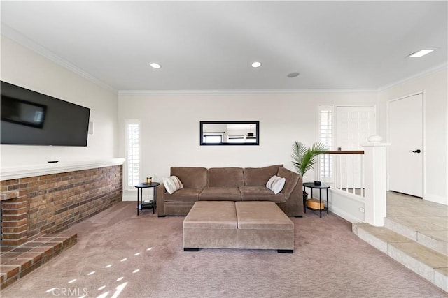 living room with crown molding and light colored carpet