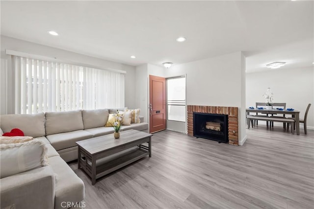 living room featuring a healthy amount of sunlight, a fireplace, and light hardwood / wood-style flooring