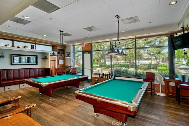 game room featuring a drop ceiling, hardwood / wood-style floors, and pool table