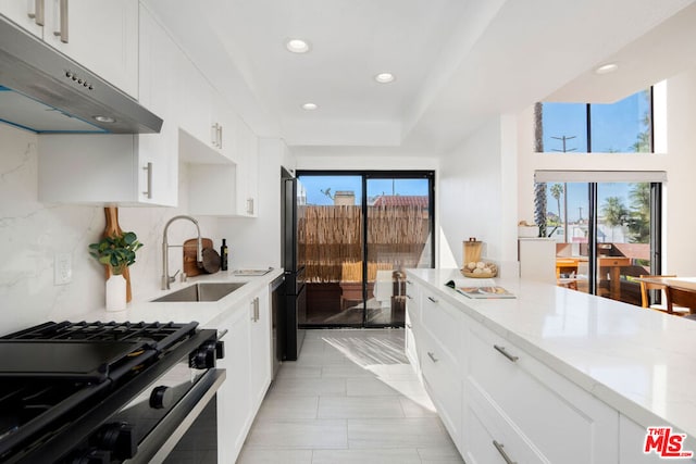 kitchen with sink, range with gas cooktop, white cabinetry, light stone countertops, and decorative backsplash