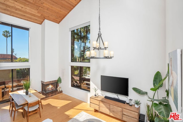 living room featuring wood ceiling, a chandelier, high vaulted ceiling, hardwood / wood-style flooring, and a fireplace