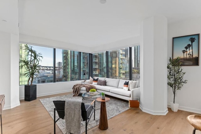 living room featuring a wealth of natural light and light wood-type flooring