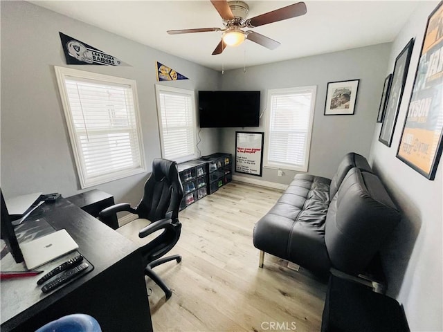 office with a wealth of natural light, ceiling fan, baseboards, and wood finished floors