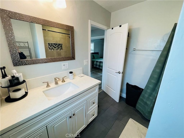 bathroom featuring ensuite bath, vanity, and a shower with curtain