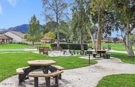 view of property's community with a mountain view and a yard