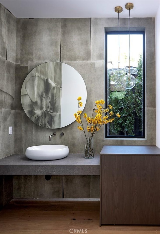 interior details featuring wood-type flooring and vanity