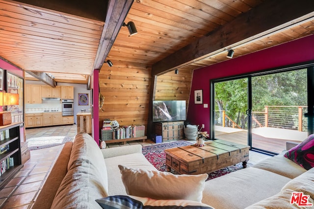 living room with wooden walls, wooden ceiling, and beam ceiling