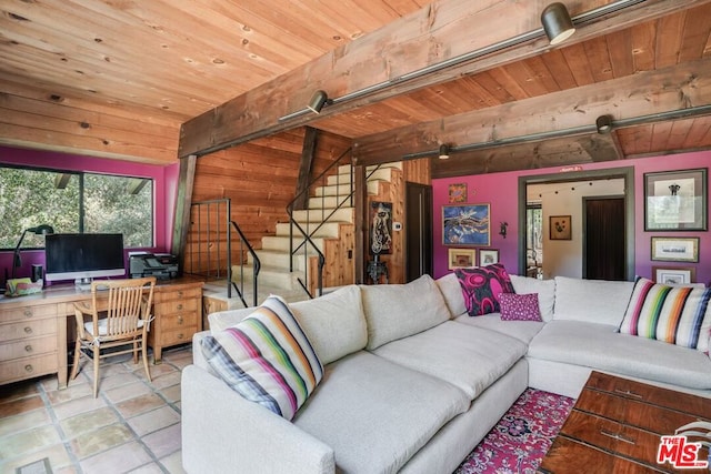 living room with wooden walls, wooden ceiling, and beamed ceiling