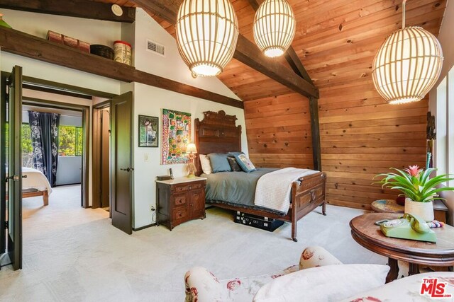 bedroom with wood walls, wood ceiling, high vaulted ceiling, access to outside, and light colored carpet