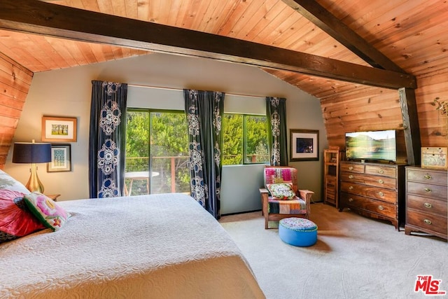 bedroom featuring lofted ceiling with beams, light carpet, wooden ceiling, and wood walls