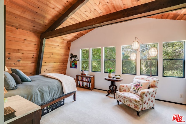 carpeted bedroom featuring lofted ceiling with beams and wooden ceiling