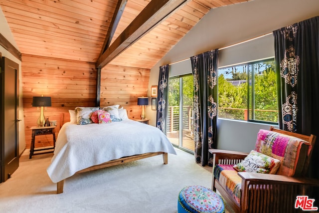 carpeted bedroom with access to exterior, lofted ceiling with beams, multiple windows, and wooden ceiling