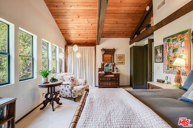 carpeted bedroom with beam ceiling, wood ceiling, and high vaulted ceiling