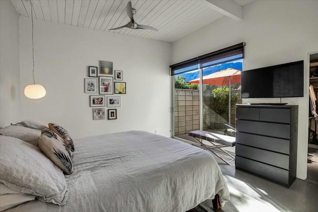 bedroom featuring concrete flooring, access to exterior, wooden ceiling, and beamed ceiling