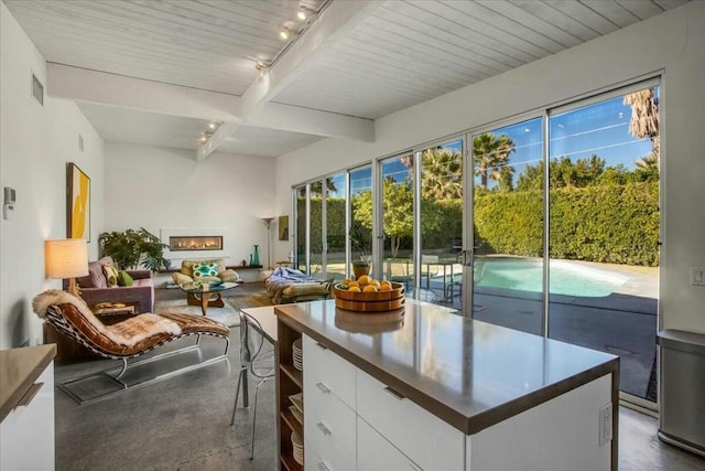 sunroom featuring track lighting and beam ceiling