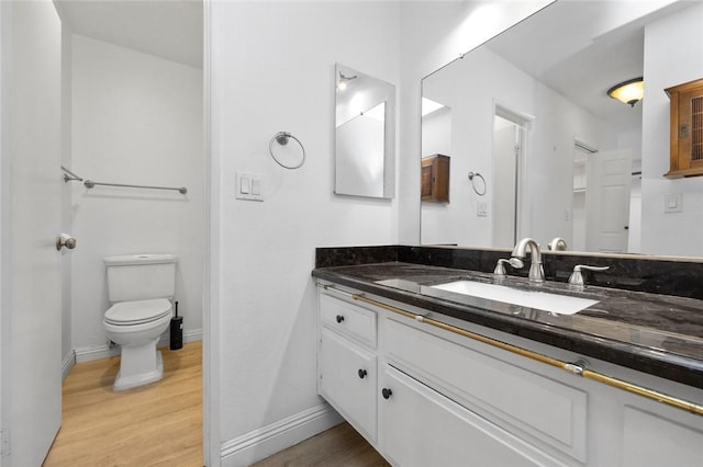 bathroom with vanity, hardwood / wood-style floors, and toilet