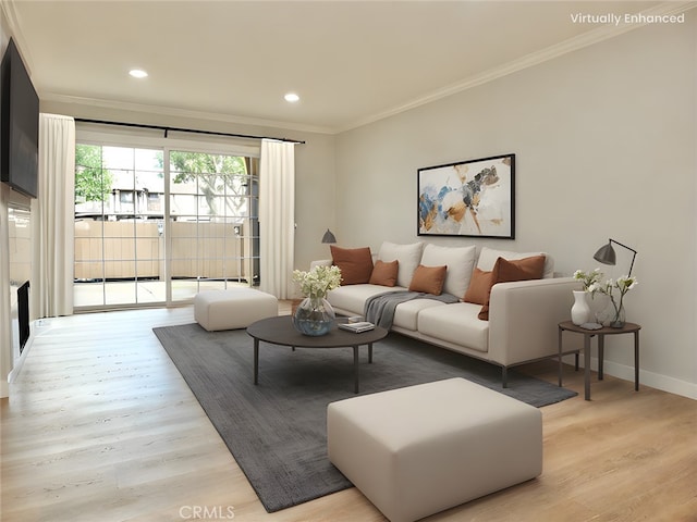 living room featuring crown molding and light hardwood / wood-style floors