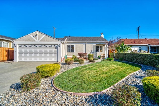 ranch-style house with a garage and a front lawn