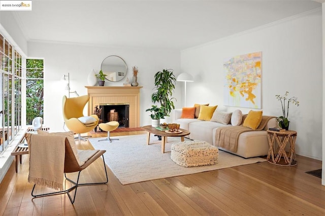 living room featuring ornamental molding, a fireplace, and light wood-type flooring