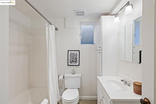 full bathroom with vanity, shower / bath combination with curtain, and toilet