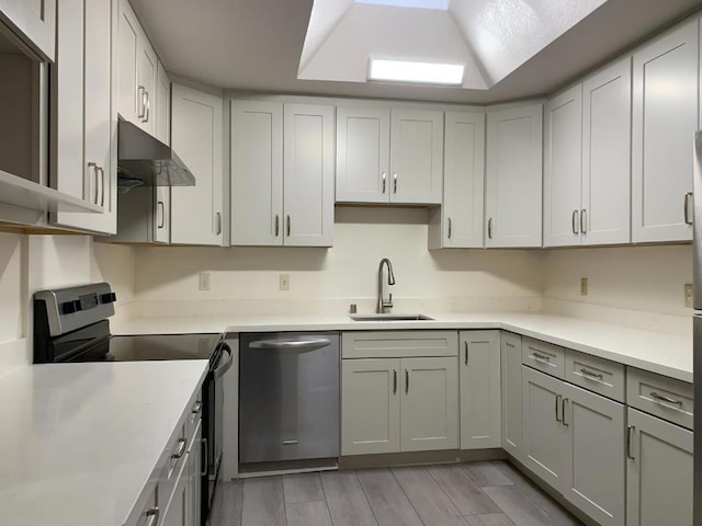 kitchen featuring appliances with stainless steel finishes, sink, and gray cabinetry