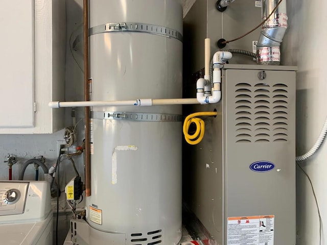 utility room featuring secured water heater and washer / dryer