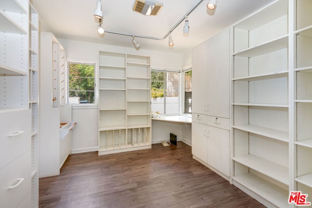 walk in closet with dark hardwood / wood-style flooring and built in desk