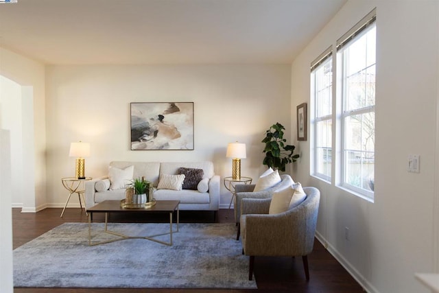 living room with dark wood-type flooring and plenty of natural light