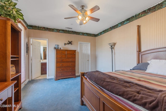 carpeted bedroom featuring ceiling fan