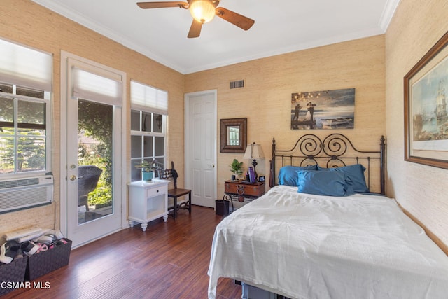 bedroom with access to outside, ornamental molding, dark hardwood / wood-style floors, cooling unit, and ceiling fan