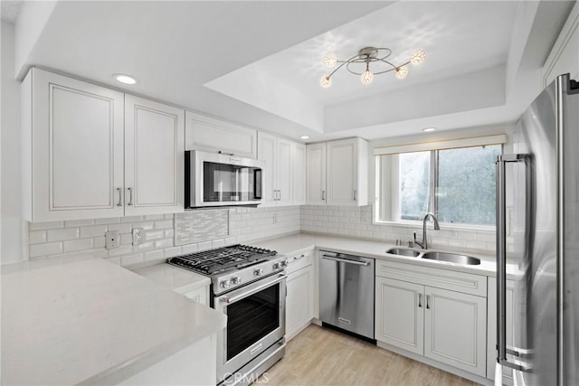 kitchen with sink, appliances with stainless steel finishes, white cabinetry, tasteful backsplash, and a raised ceiling