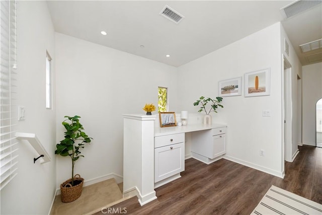 home office with dark hardwood / wood-style flooring