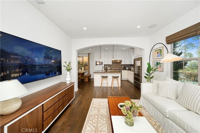 living room featuring dark hardwood / wood-style floors