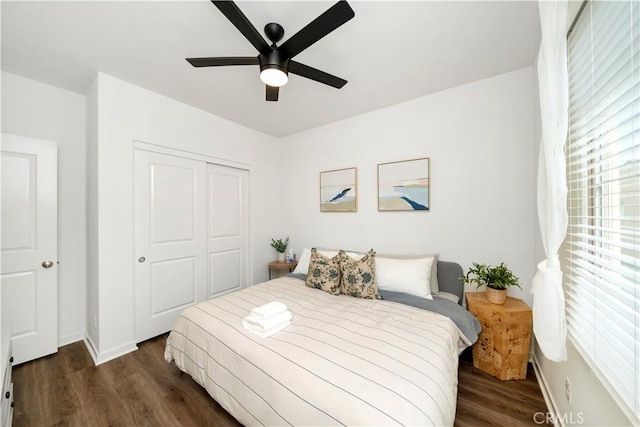 bedroom featuring dark wood-type flooring, ceiling fan, and a closet