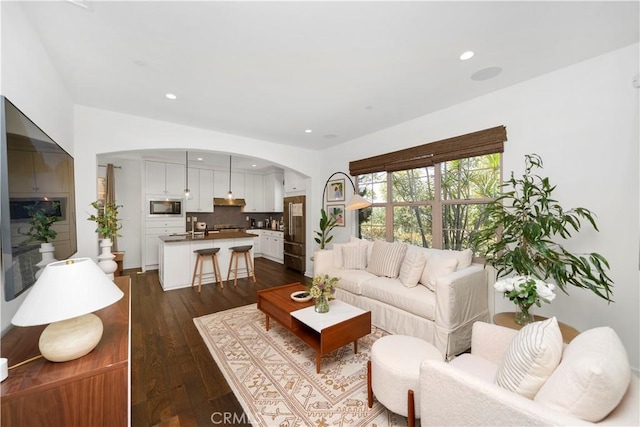 living room with dark hardwood / wood-style floors